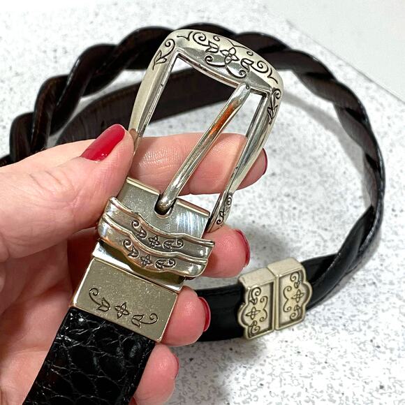 Dark brown & black reversible belt moc croc texture braided silver buckle 30" - Picture 2 of 9